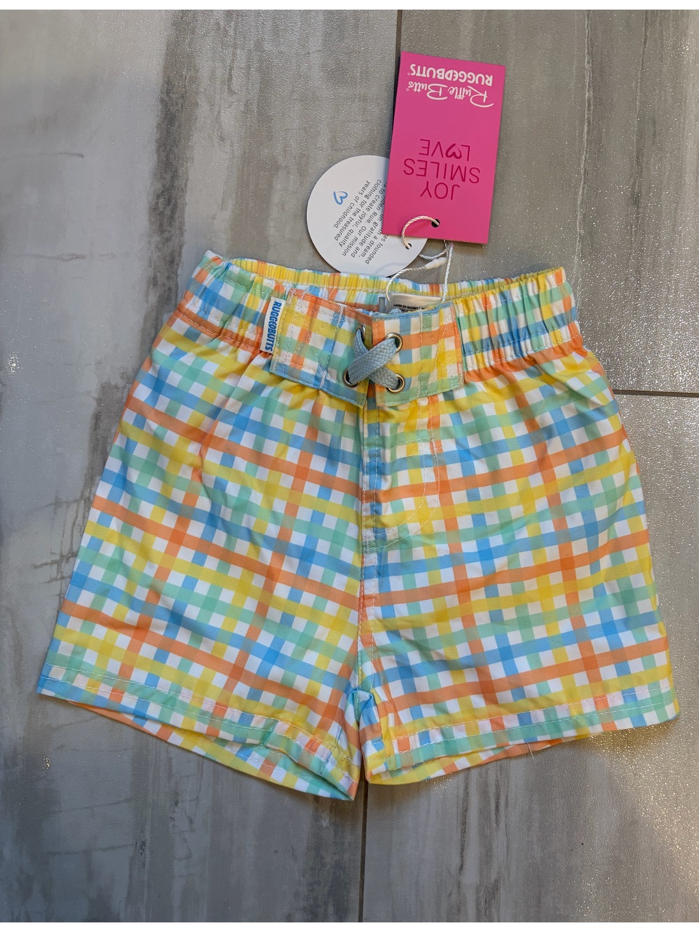 NWT RuggedButts Colorful Summertime Gingham Pull-On Swim Trunks Boys 3-6M